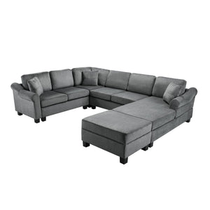 English Elm Sectional Plush chenille U-shaped sofa with pleated arms, pocket-spring seats & hidden ottoman storage Dark Gray N719S000810R