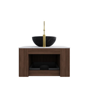 English Elm Dina Floating Bathroom Vanity with Sintered Stone Top and Crystal Glass Basin Black,Carrara White,Dark Walnut W2615S00425