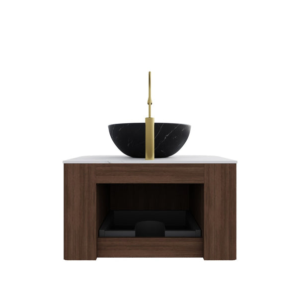 English Elm Dina Floating Bathroom Vanity with Sintered Stone Top and Crystal Glass Basin Black,Carrara White,Dark Walnut W2615S00425
