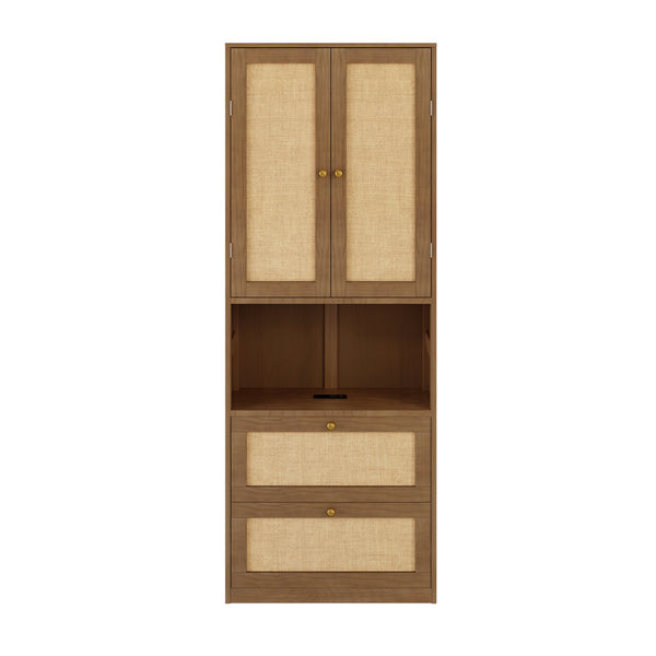 English Elm 2 Door Bookshelf with USB Port and 3 Drawers — Compact Pine-MDF Storage Cabinet for Living Room Walnut 80.1 L x 17.65 W x 6.3 H N701P245551D