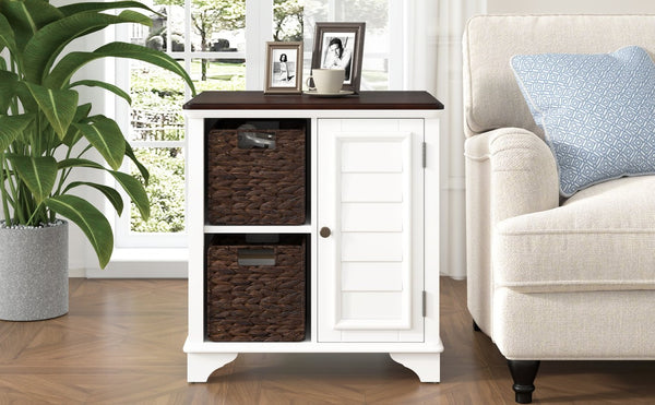 English Elm U Can Louvered End Table with Woven Grass Baskets Ottoman Legs Farmhouse Storage White N724P401353K