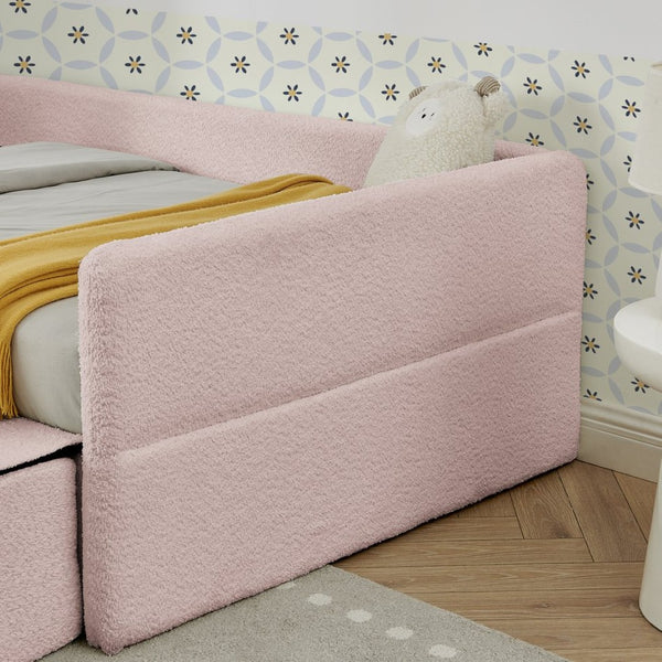 English Elm Twin Boucle Upholstered Kids Bed with Guardrails Built in Storage and Cushioned Step Stool Pink W1413P433365