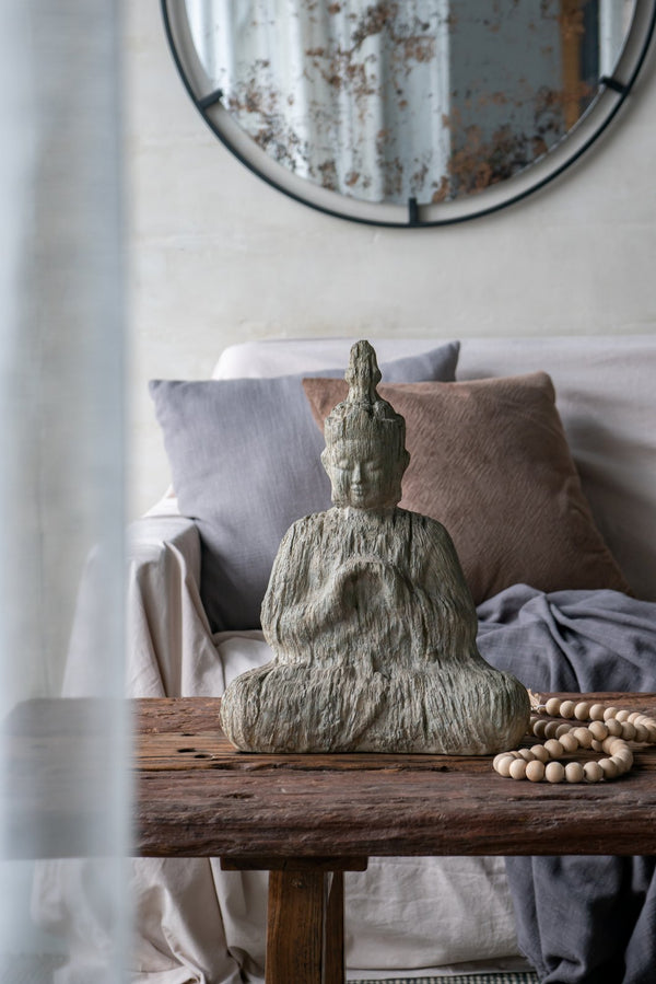 English Elm 13x6.5x17" Polyresin Buddha — Earthy Cream Finish, Weathered Carved-Wood Look for Calm Décor, Shelf Accent W2078P360880
