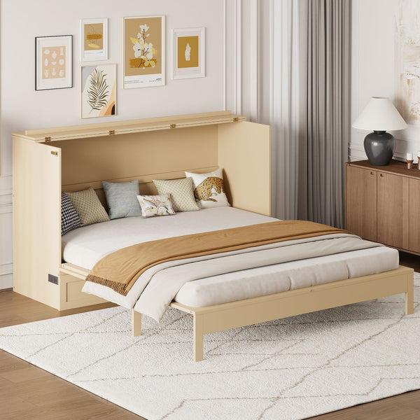 English Elm Queen Murphy Wall Bed with Usb Ports Storage Drawers and Cabinet Style Panel Front Gold N708S00010G