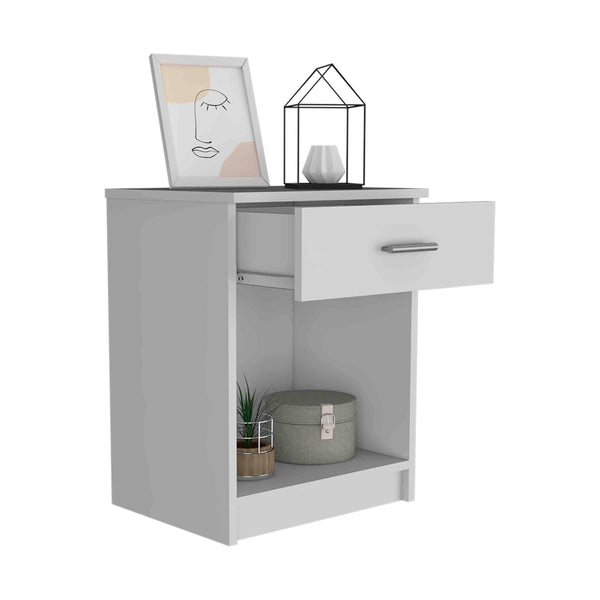 English Elm Eco Nightstand with Spacious Drawer and Open Shelf, Compact 21.7" Height Durable Laminated Finish White 25.6 L x 18.5 W x 5.5 H B20091853