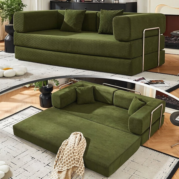 English Elm Convertible Corduroy Floor Sofa with Folding Sleeper and Bolster Pillow for Apartments Green W5638P460475