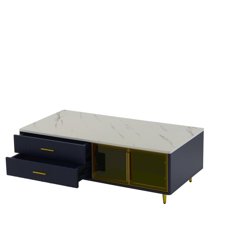 English Elm Modern Blue MDF Coffee Table 47.2" with Marble White Top, Gold Legs, 2 Glass Doors, 4 Drawers, LED N735P167910