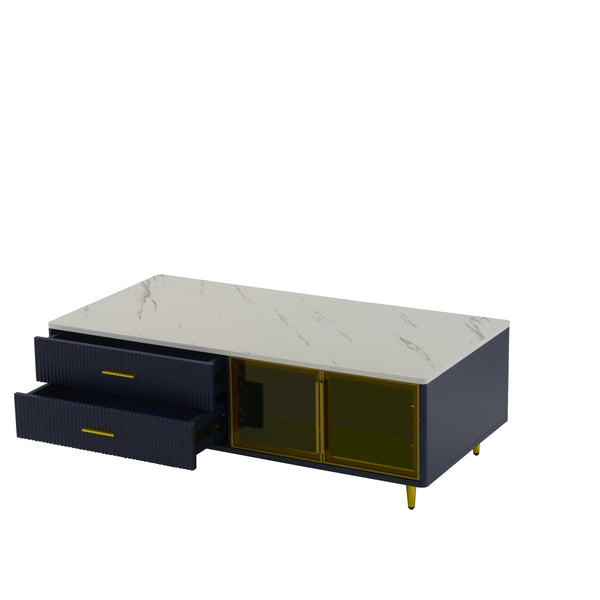 English Elm Modern Blue MDF Coffee Table 47.2" with Marble White Top, Gold Legs, 2 Glass Doors, 4 Drawers, LED N735P167910