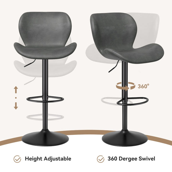 English Elm Swivel Bar Stools Set Of 2 - Adjustable Pu Leather Upholstered Chairs With 360° Swivel & Comfort T3950P396423-GIGA