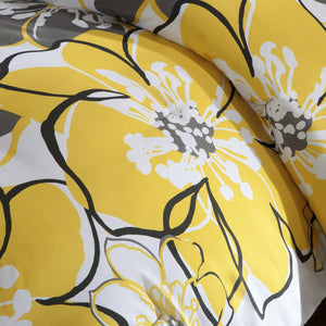 JLA Home Mi Zone - Floral Oversized Yellow & Grey Reversible Comforter Set with Decorative Pillow, Soft Microfiber, Antimicrobial Protection 90 L x 86 W x 1H MZ10-075