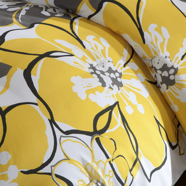 JLA Home Mi Zone - Floral Oversized Yellow & Grey Reversible Comforter Set with Decorative Pillow, Soft Microfiber, Antimicrobial Protection 90 L x 86 W x 1H MZ10-075