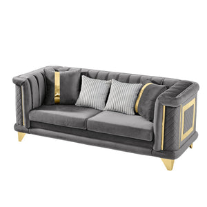 English Elm 89 Inch Gray Velvet Tufted Sofa Gold Steel Trim Victorian Mid-century Living Room W1191S00103