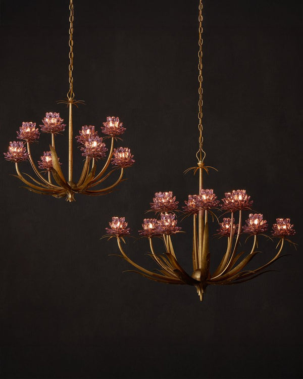 Currey & Company Marilee Medium Chandelier - Elegant Floral Design With Dutch Gold Leaf Finish & Crystal Accents Pink Crystal ,Wrought Iron 9000-1307-currey-company