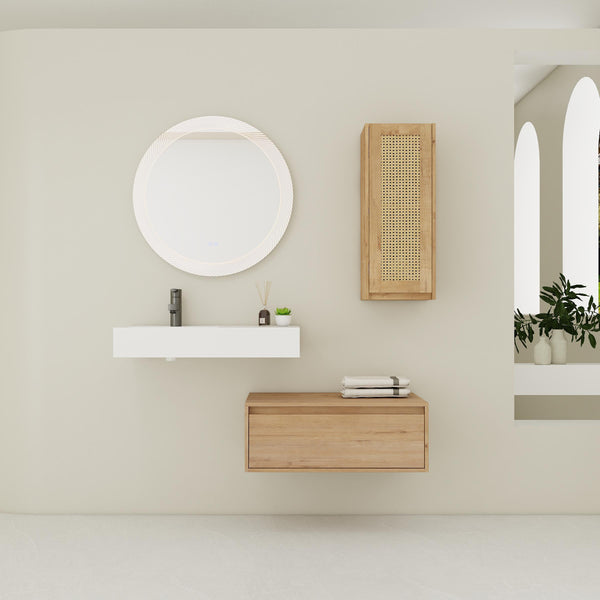 English Elm 30 Inch Wall-Mounted Bathroom Vanity With Soft-Close Drawer & Resin Sink, Space-Saving Design W999S00348