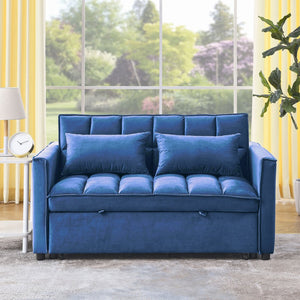 English Elm Sleeper Velvet Convertible Sofa Bed 3-in-1 Recliner 2-Seater Sectional with Pillows & Side Pockets Blue W1853P255671