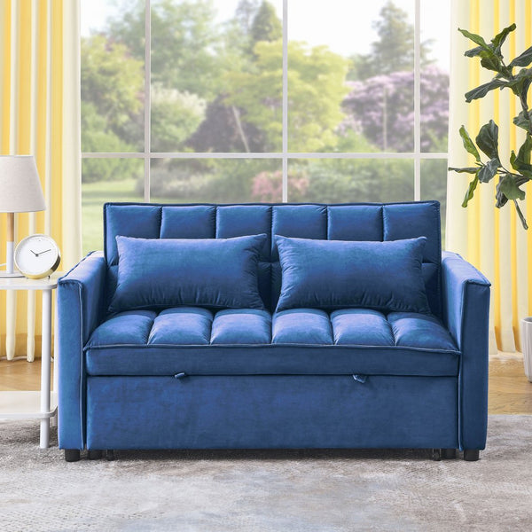 English Elm Sleeper Velvet Convertible Sofa Bed 3-in-1 Recliner 2-Seater Sectional with Pillows & Side Pockets Blue W1853P255671