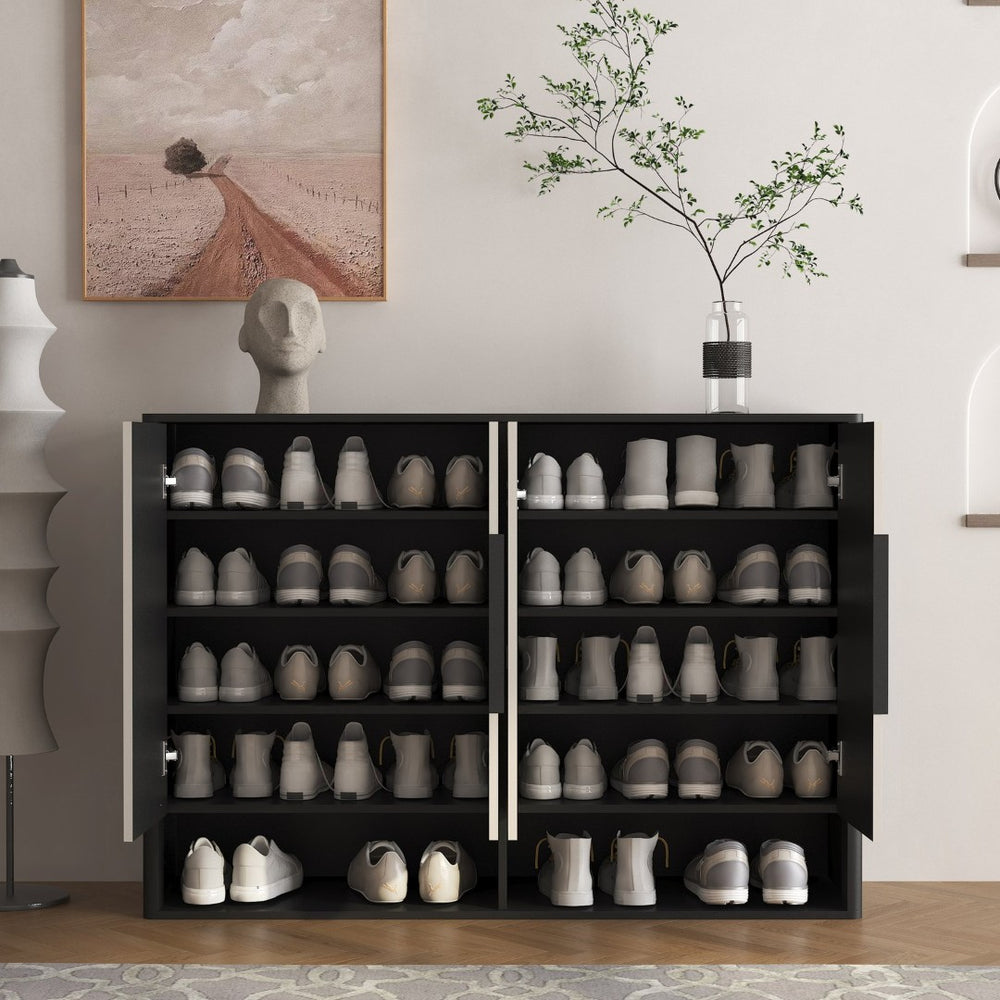 English Elm Shoe Cabinet with Four Doors Adjustable Shelves Entryway Organizer Modern Storage Unit W1321S00040