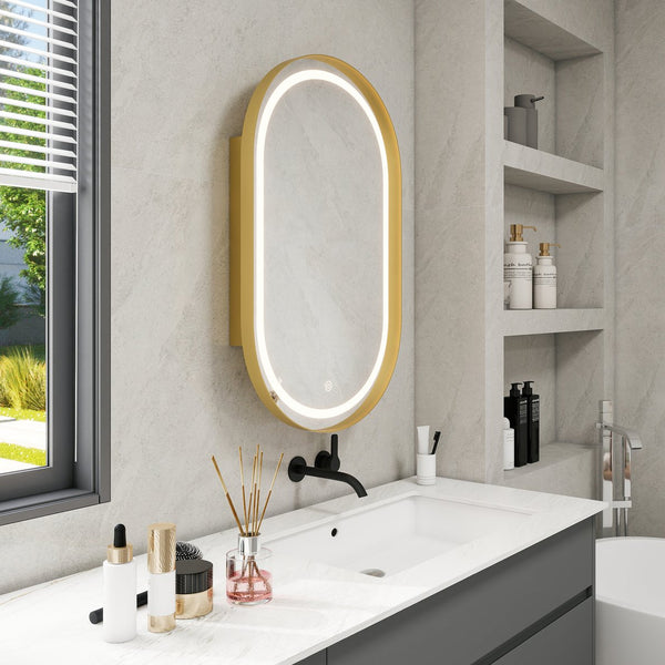 English Elm Oval LED Medicine Cabinet Mirror with Golden Frame, Wall-Mounted, Magnetic Accessories & 2 Glass Shelves W688P210779