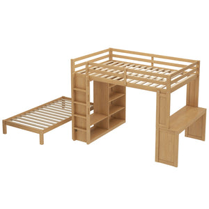 English Elm Queen Over Twin Bunk Bed With Built-In Desk, Storage, And Dismountable Lower Bed - Natural Wood W1580S00216-GIGA