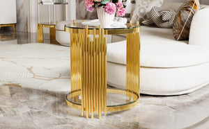 English Elm Modern Round Mirrored Glass End Table with Gold Metal Frame and Lower Display Shelf Transparent N735P380092K