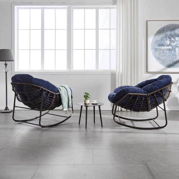 English Elm Outdoor Rattan Rocking Chair Oversized Hand-Woven Patio Egg Recliner with Plush Cushion Comfortably Rocking Navy Blue W640P271520