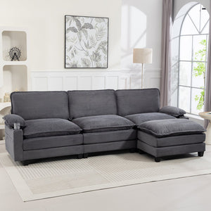 English Elm 113" Modern 3+1 L-Shaped Corduroy Sofa with Double-Layer Cushions, Cup Holders & Storage Bags DARK GREY W2715S00004