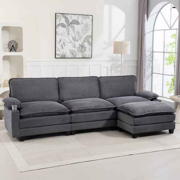 English Elm 113" Modern 3+1 L-Shaped Corduroy Sofa with Double-Layer Cushions, Cup Holders & Storage Bags DARK GREY W2715S00004