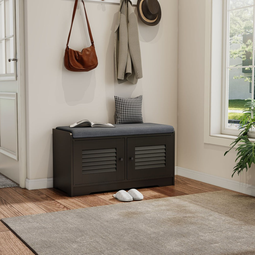 English Elm 28.74"shoe Storage Bench Louvered Cabinet Cushioned Seat Adjustable Shelves Entryway W2948P361401