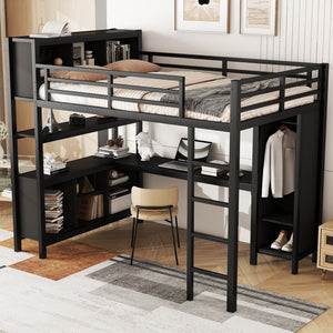 English Elm Metal Loft Bed With Integrated Desk, Wardrobe & Storage Cubes - Space-Saving Solution For All Ages W1580S00068