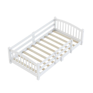 English Elm Twin Montessori Floor Bed Solid Pine Frame with Safety Guardrails for Kids Bedroom White N733P400298K