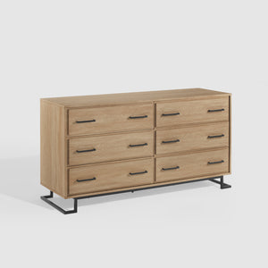 56" Contemporary Metal and Wood Dresser with Six Drawers Coastal Oak, Black DNAB5BCO-T Walker Edison