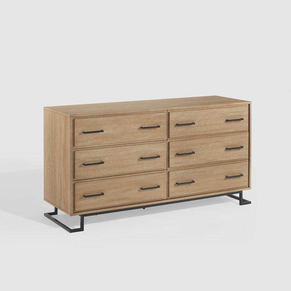 56" Contemporary Metal and Wood Dresser with Six Drawers Coastal Oak, Black DNAB5BCO-T Walker Edison