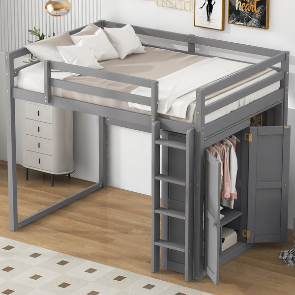English Elm Wood Full Size Loft Bed with Built-in Wardrobe, 4-Tier Storage Shelves, LED Light, Pine MDF Durable Gray GX000463AAE