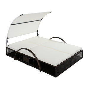 English Elm U_style Outdoor Double Sun Lounger Hdpe Wicker Steel Frame with Canopy Pop up Tables Beige WY000485AAA