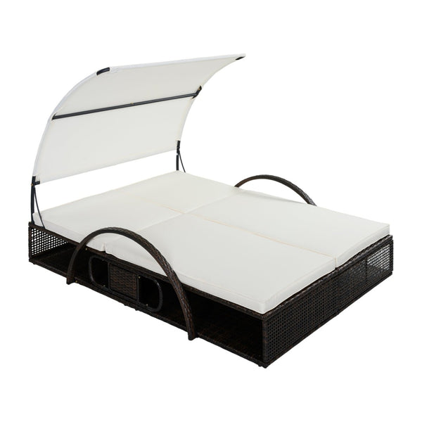 English Elm U_style Outdoor Double Sun Lounger Hdpe Wicker Steel Frame with Canopy Pop up Tables Beige WY000485AAA