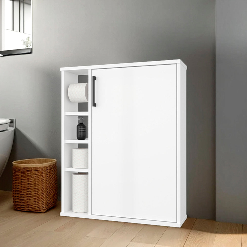 English Elm White Compact Bathroom Cabinet with Door and 4 Open Shelves, Sleek White Finish for Stylish Organized Storage B062P380057
