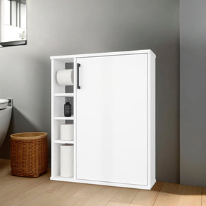 English Elm White Compact Bathroom Cabinet with Door and 4 Open Shelves, Sleek White Finish for Stylish Organized Storage B062P380057
