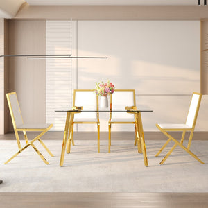 English Elm Table and Chair Set 7 Piece Round Walnut Mdf Industrial Dining with Pu Seats Transparent,White+Gold W1151S04792