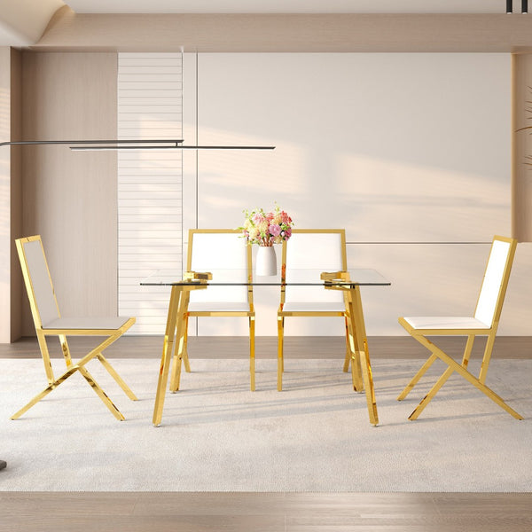 English Elm Table and Chair Set 7 Piece Round Walnut Mdf Industrial Dining with Pu Seats Transparent,White+Gold W1151S04792