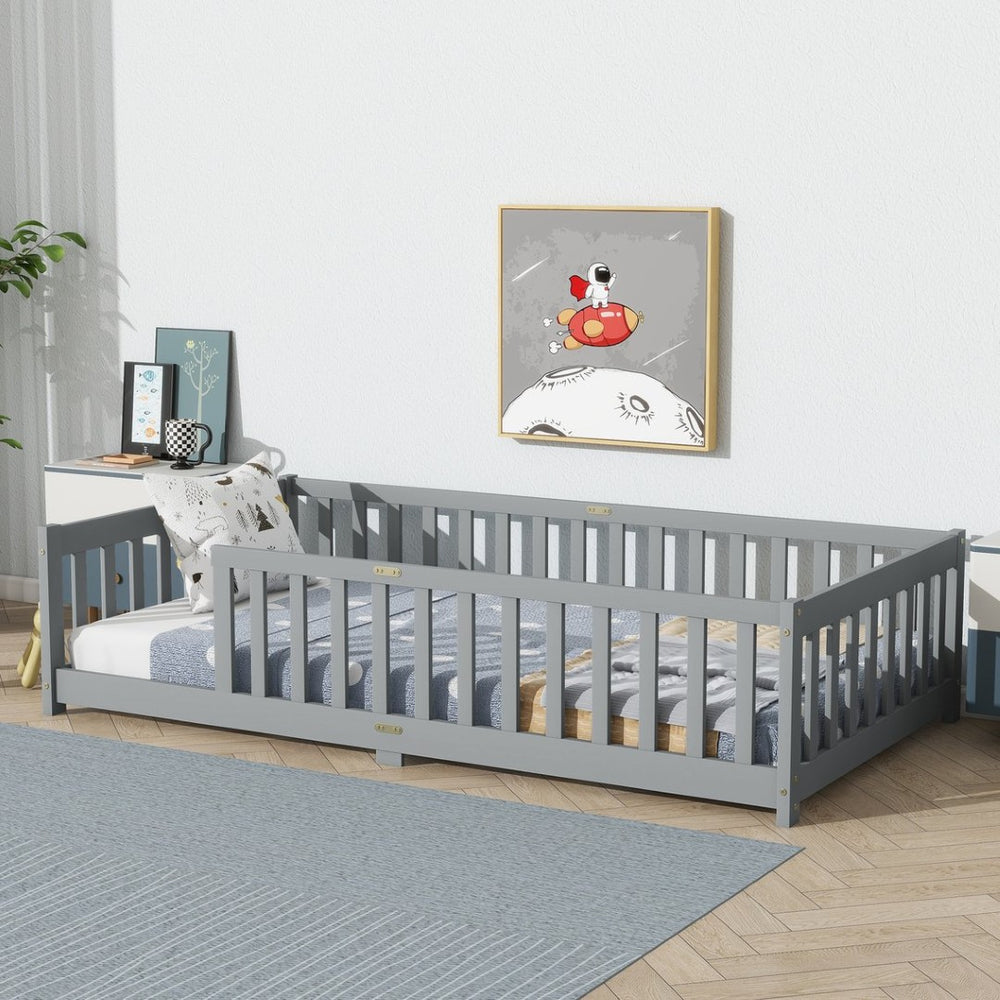 English Elm Twin Low Profile Rubberwood Floor Bed with Full Safety Fence for Toddler Rooms Grey W504P429333