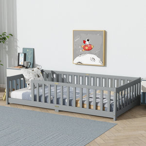 English Elm Twin Low Profile Rubberwood Floor Bed with Full Safety Fence for Toddler Rooms Grey W504P429333