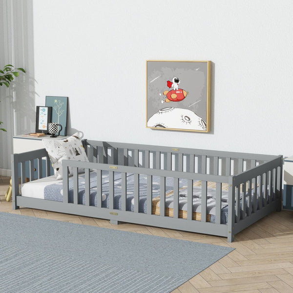 English Elm Twin Low Profile Rubberwood Floor Bed with Full Safety Fence for Toddler Rooms Grey W504P429333