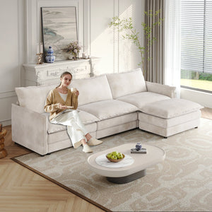 English Elm Corduroy 3-Seater L-Shaped Cloud Couch With Movable Ottoman For Ultimate Comfort And Style W834S00430