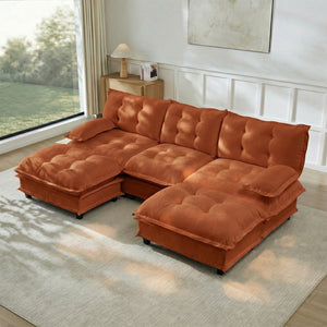 English Elm 107" U Shaped Chenille Sectional Cloud Sofa with Ottomans Deep Seat Modular Living Room Orange W714S01739