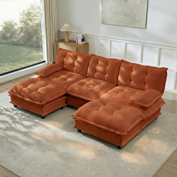 English Elm 107" U Shaped Chenille Sectional Cloud Sofa with Ottomans Deep Seat Modular Living Room Orange W714S01739