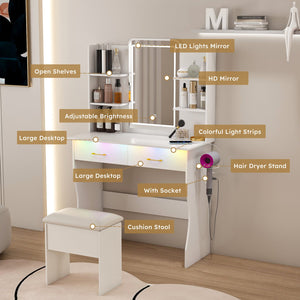 English Elm Vanity LED RGB Dressing Table with Power Outlets, Large Storage Drawers, 3 Light Modes & Stool W509P297013