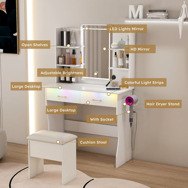 English Elm Vanity LED RGB Dressing Table with Power Outlets, Large Storage Drawers, 3 Light Modes & Stool W509P297013