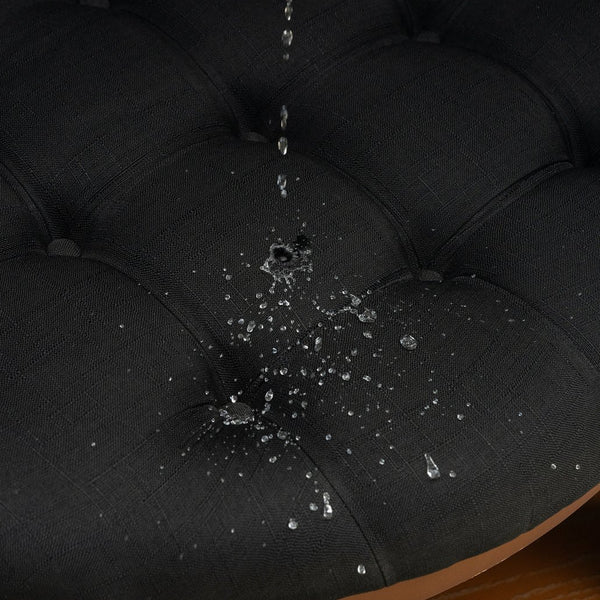 English Elm Modern Round Oversized Ottoman Coffee Table with Button Tufting, Waterproof Linen, Wheels & Lower Wood Shelf for Storage and Seating Black+Brown N735P180224B