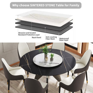 English Elm 59.05" Round Marble Dining Table With Silver Stainless Steel Base & 31.5" Lazy Susan For 6-8 Guests W1535S00393