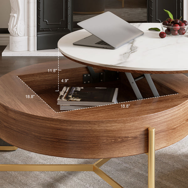 English Elm Modern Lift-Top Round Coffee Table with Walnut Veneer, Sintered Stone Top, Hidden Storage & 3 Ottomans W3136P305600